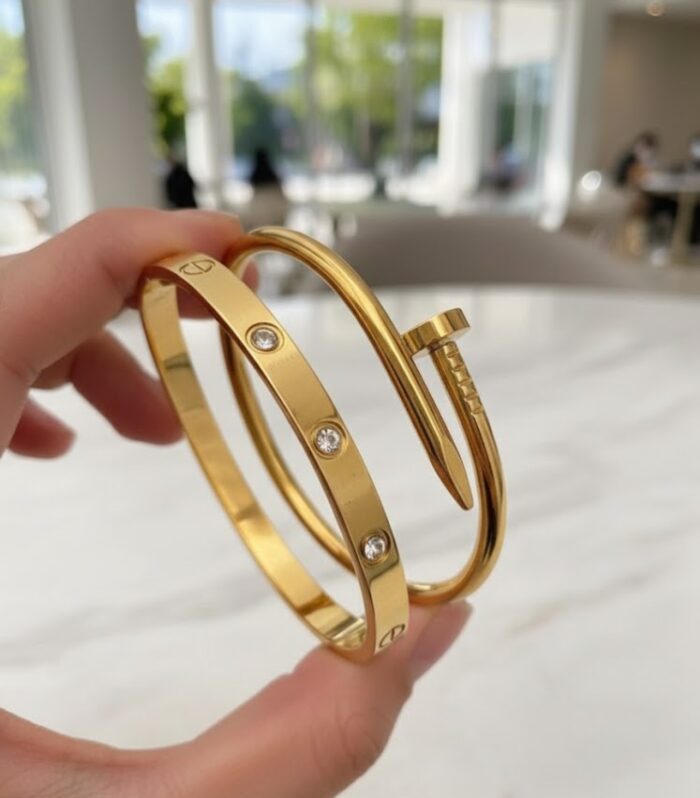 Luxury Cartier Inspired Nail & Love Bracelet Combo – 18K Gold Plated, Anti Tarnish, Unisex Designer Set