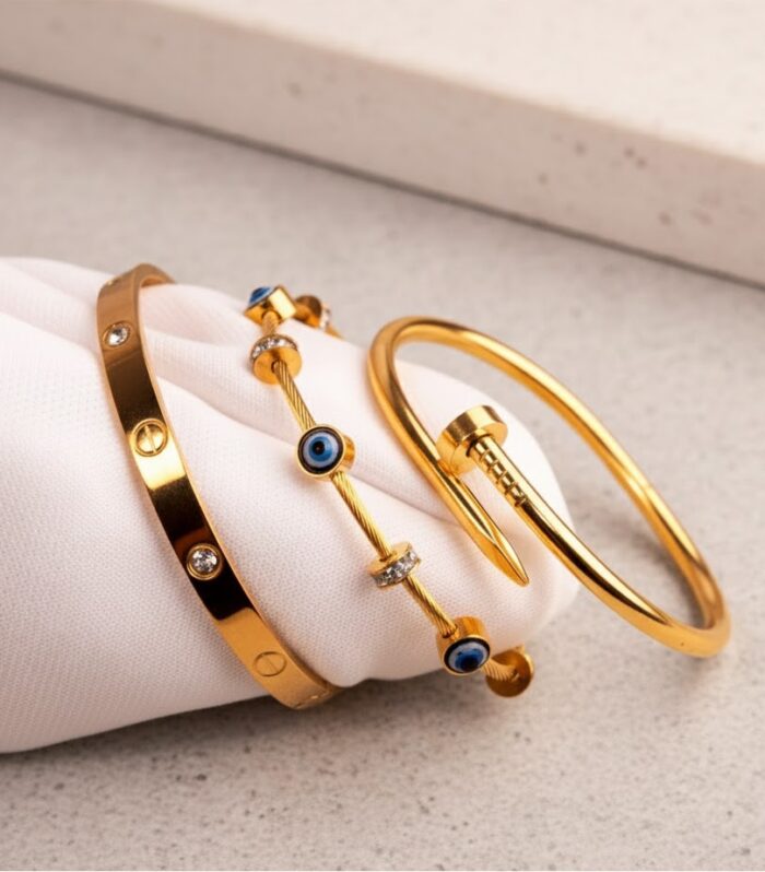 Combo Bundle of Cartier-Inspired Anti-tarnish Love, evil eye and Nail Bracelets Stacks