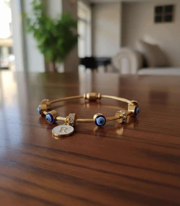 Gold Evil Eye Bracelet with Alphabet Charm – Elegant Protection Jewelry